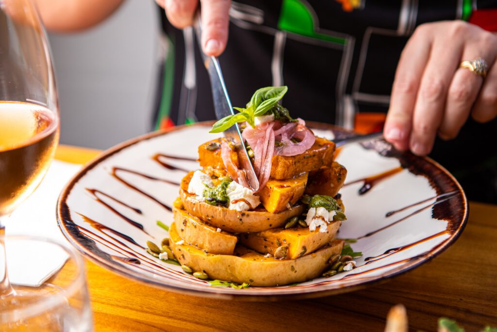 Roasted pumpkin with whipped ricotta and balsamic glaze at Il Verde Italian restaurant on King Street in Bowen Hills Brisbane