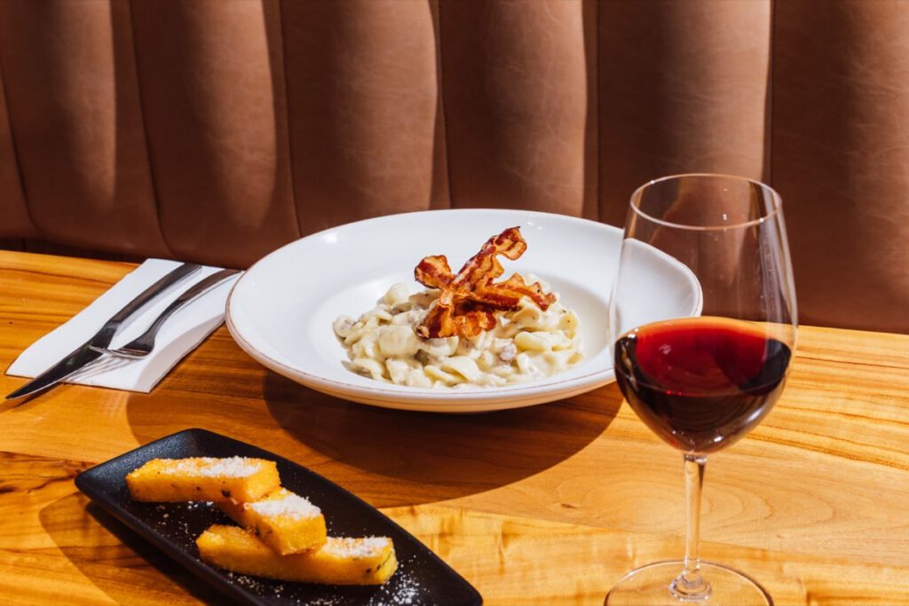 Creamy short pasta with crispy pancetta and red wine at Il Verde Italian restaurant on King Street in Bowen Hills Brisbane