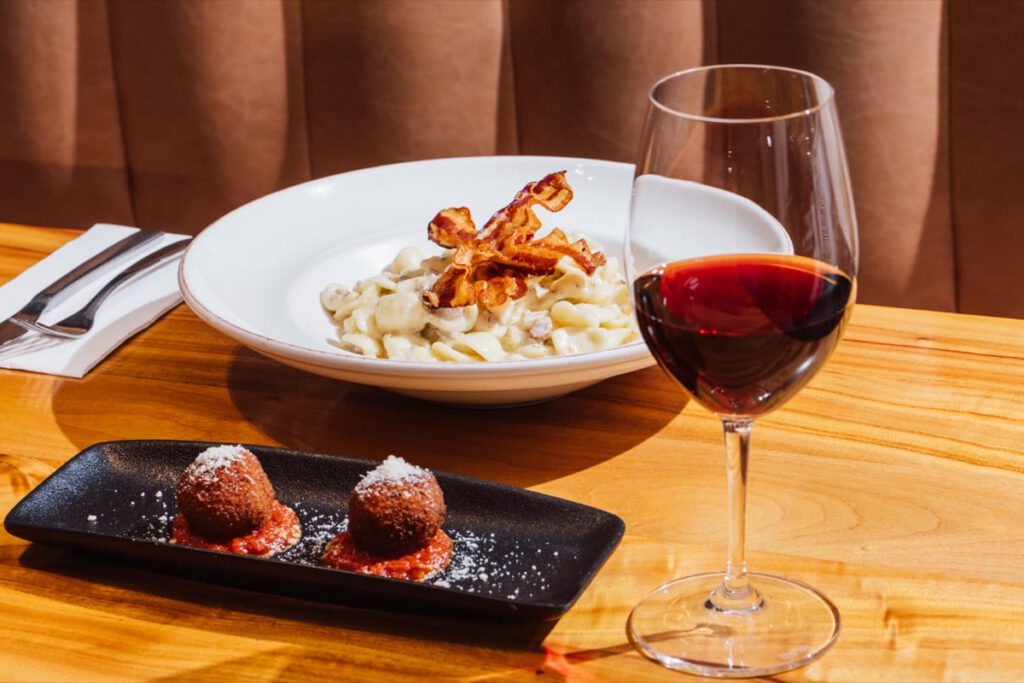 Creamy pasta with crispy pancetta and red wine at Il Verde Italian restaurant on King Street in Bowen Hills Brisbane
