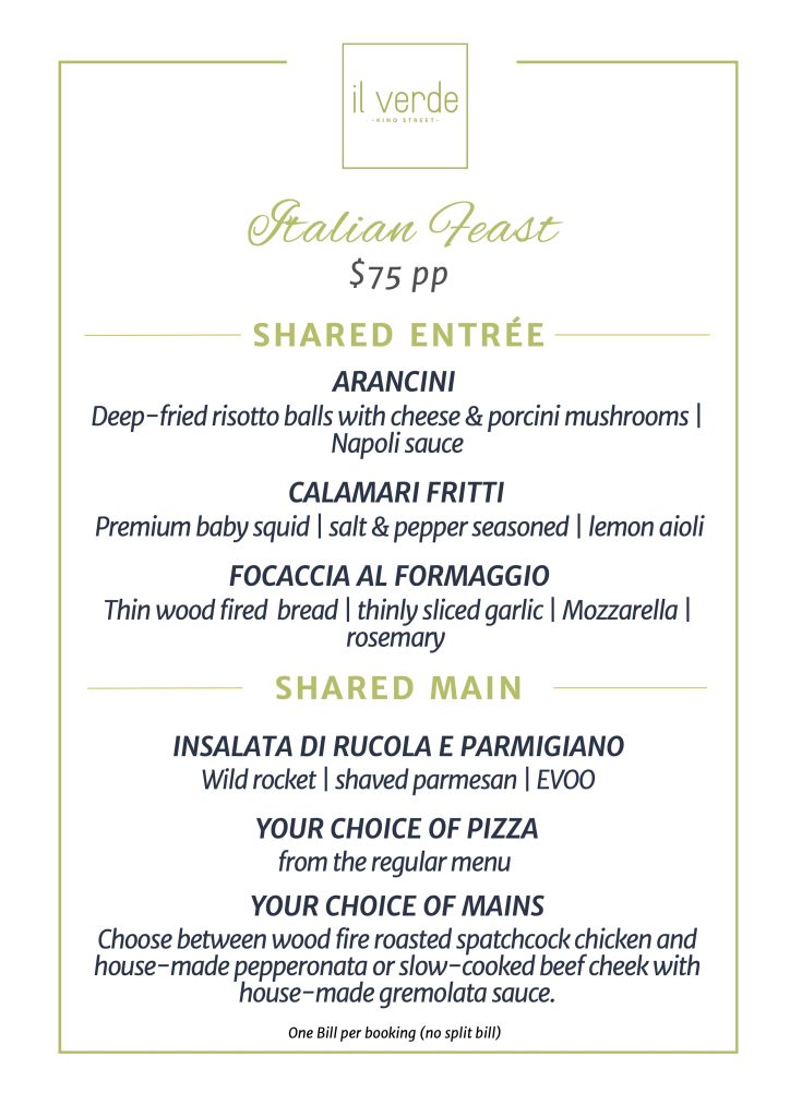 Il Verde $75 Italian Feast group dining set menu on King Street Bowen Hills Brisbane