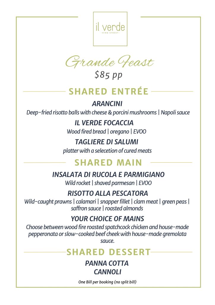 Il Verde $85 Grande Feast group dining set menu on King Street Bowen Hills Brisbane