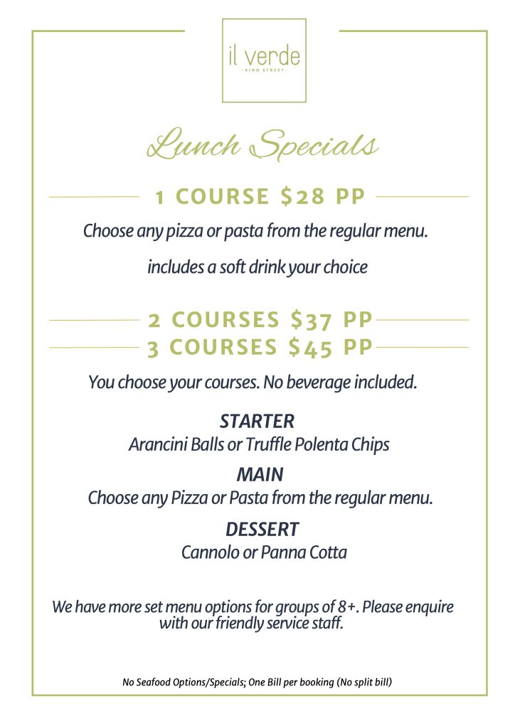 Il Verde lunch specials menu with 1, 2 and 3 course options on King Street Bowen Hills Brisbane